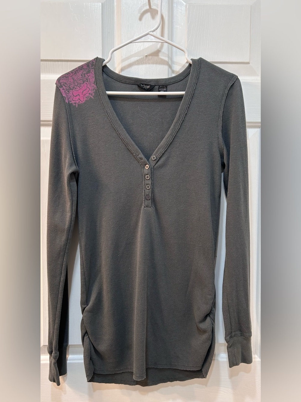 Fox Racing Henley‎ Long Sleeve Ribbed Gray Shirt Sz L Bella Swan Y2K Grunge Punk